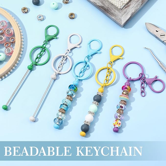 Tondiamo 12 Pcs Beadable Keychains Bars Bulk Blank Beaded Metal Keychain for Craft DIY Gift