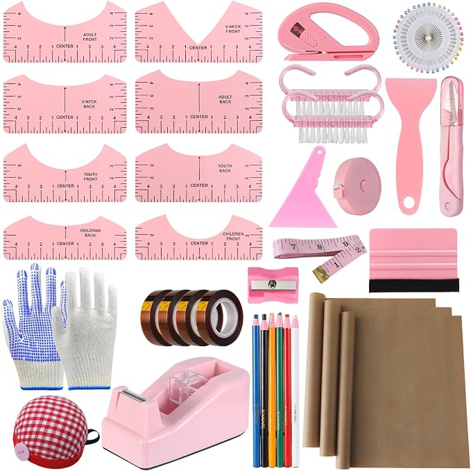 XEUZK Sublimation Shirts Tool Pink Kit With 8T Shirt rulers, 3Pack Teflon Sheet for Heat Press 12 x 16in, Heat Resistant Gloves & Silicone Bumps, 4Rolls Heat Resistant Tape& Tape Dispenser Sublimation