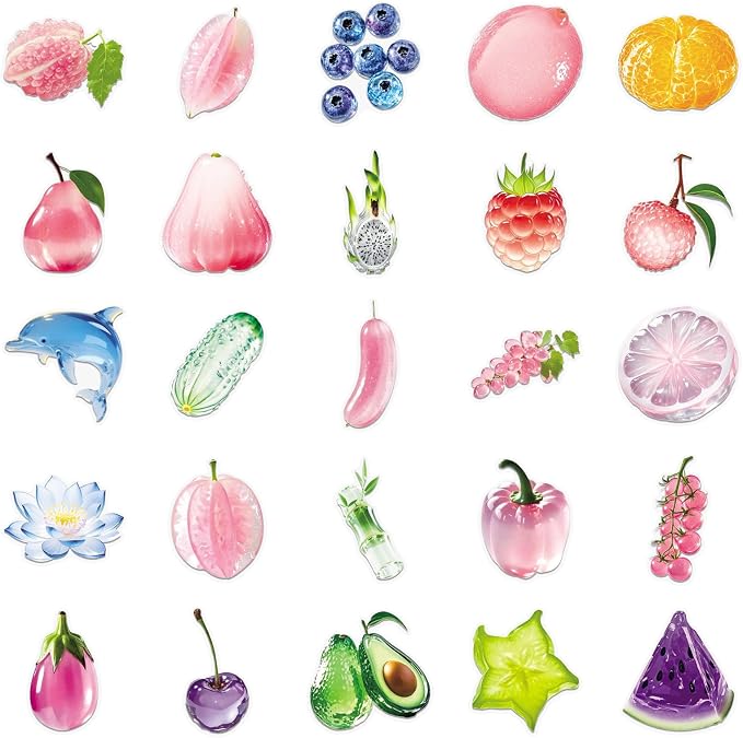 Fruit Stickers Pack 50 PCS, Jelly Aesthetic Waterproof Die-Cut Glossy Crystal Sticker Set for Water Bottles Laptop Luggage Skateboard, Scrapbook Journal Phone Case Notebook (colours-F16)