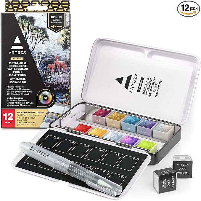 ARTEZA Watercolor Paint Set, 12 Metallic Watercolor Paints, Glitter Watercolor Paint in Half Pans, Travel Watercolor Set | Water Brush Included, Refillable Pans, Mica Shimmer, For Watercolor Paper, Sketchbooks, Journaling and Mixed Media