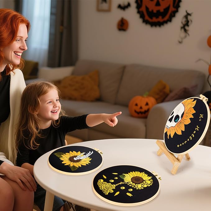Halloween Gothic Embroidery Kits for Beginners Adults, Skull Hand Embroidery Needlepoint Kits, Sunflower Stamped Cross Stitch Kits for Beginners Adult, 3 Set Embroidery Hoops (Attached Video Tutorial)