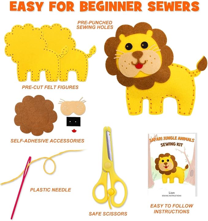 CiyvoLyeen Kids Sewing Kit Crafts – DIY Safari Jungle Animals Felt Plush Ornaments Sewing Set for Girls & Boys Ages 7–12, Beginner Craft Kit Set of 14