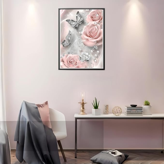 5D Diamond Painting Kits for Adults, Butterfly Rose Flower Diamond Art Kits | DIY Full Drill Diamond Dot Gem Painting for Home Wall Decor 12x16inch