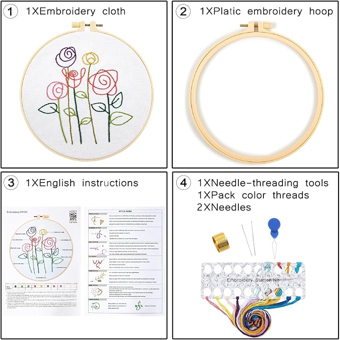 Easy Flower Embroidery Kits for Beginners Adults, Minimalism Embroidery Starter Kits, Counted Cross Stitch Kits for Beginners Adults Hobbies Set for Women, Embroidery Hoops, Thread and Video Tutorial