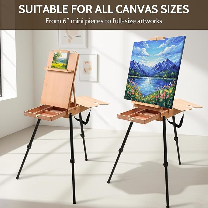 Falling in Art Light Weight French Style Field and Sketchbox Easel | Adjustable Beechwood Tripod standing easel with Aluminum Tripod, Drawer, Palette for Painting & Drawing