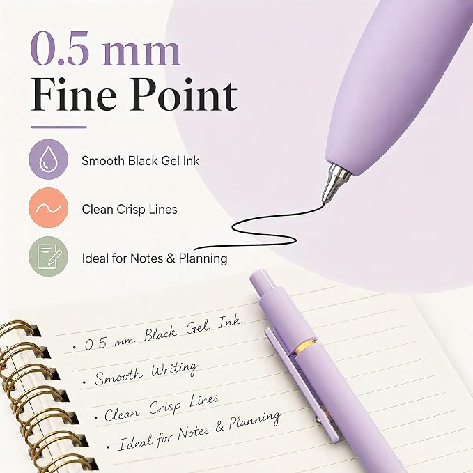 FIOVER Gel Pens 7pcs 0.5mm Quick Dry Black Ink Fine Point Pens