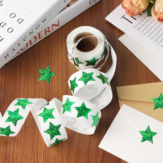Imeepa 500PCS Holographic Sparkly Green Star Stickers, 1" Reward Labels