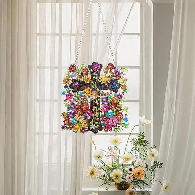 RYMILIE Cross with Flowers Hanging Diamond Art for Adults, Special Shaped Rhinestone, Diamond Painting Pendant DIY Gem Art Wall Hanging Ornament, Acrylic Home Garden Decor with Chain