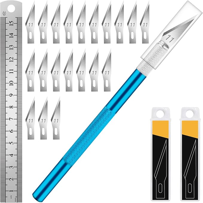 DIYSELF Precision Hobby Knife Set with 20#11 Blades, 6-Inch Metal Ruler | Precision Hobby Knife with Steel Ruler for DIY, Art & Model Making, Exacto Knife Kit, Artists & Modelers, Blue
