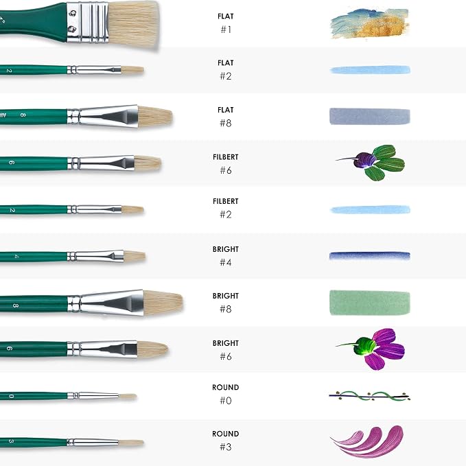 ARTIFY 10 Pieces Paint Brush Set, Intermediate Series, Includes a Carrying Case, Premium Hog Bristle Brushes for Acrylic and Oil Painting (Green - Hog Bristle)