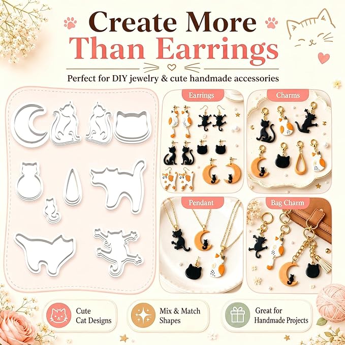 10pcs Cat Polymer Clay Cutters for Earrings, Moon & Cat Molds