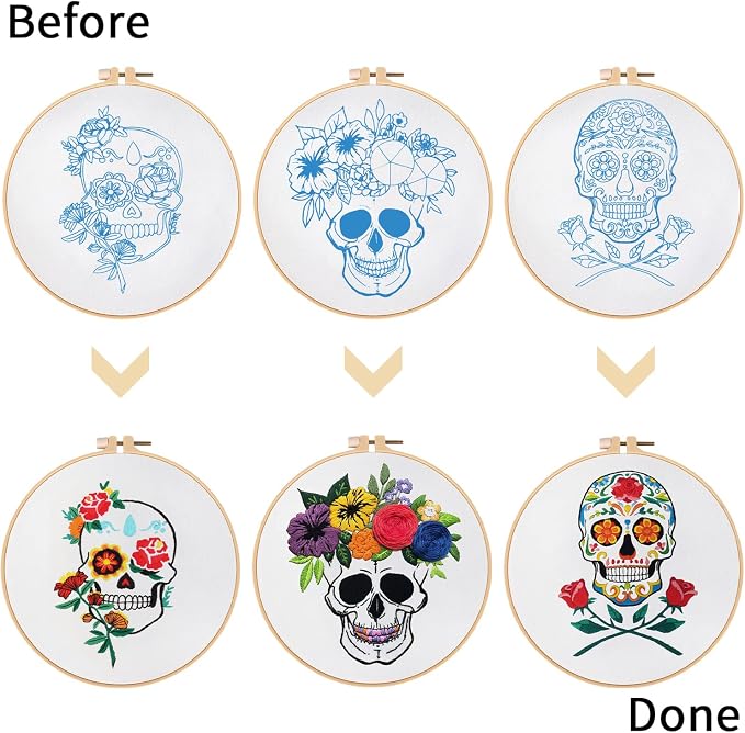 Nuberlic 3 Pack Embroidery Kit for Beginners, Halloween Skull Cross Stitch