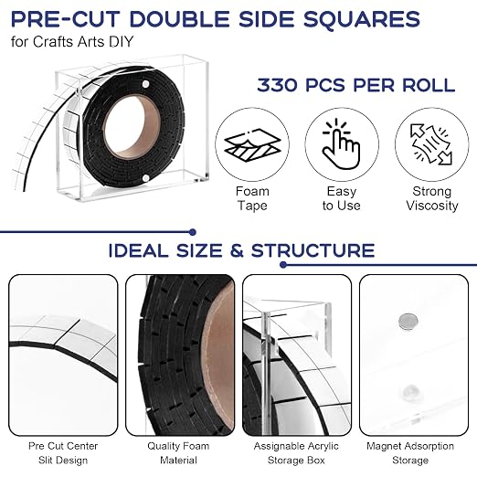 Double Sided Foam Tape for Crafts 0.4 X 0.5 in Pre Cut Double Sided Foam Squares Roll with Acrylic Storage Box Foam Adhesive Squares for Crafts Arts DIY Office Supplies