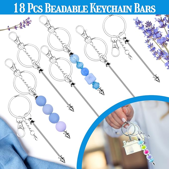 18 Pack Beadable Keychains Bars DIY Blank Beadable Keychains Metal Beaded Keychain Sliver Beads Keychain Making Kit for DIY Crafts Supplies Jewelry Making Gift