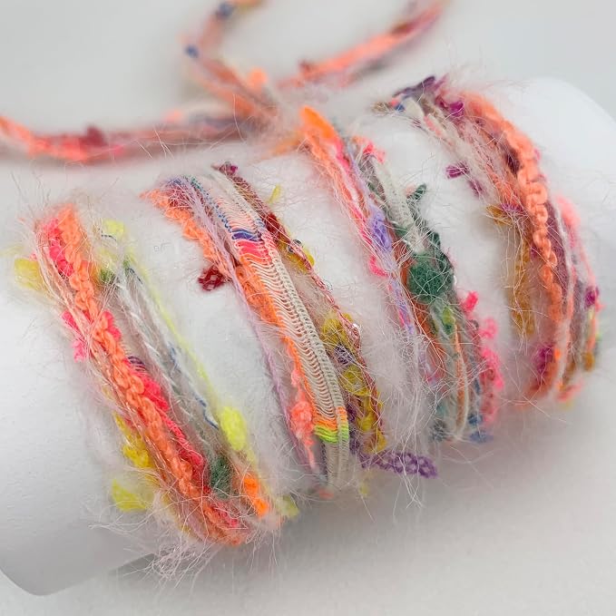 Artisanal Yarn Collection Multifiber Multicolored Fancy Yarn with Micro Silver Sequins for Knitting Crocheting Crafts DIY, Set of 3 Rolls (Neon Fireworks)