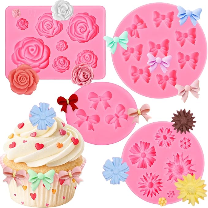 Pimoys 4 Pcs Flower & Bow Silicone Molds for Chocolate and Candy