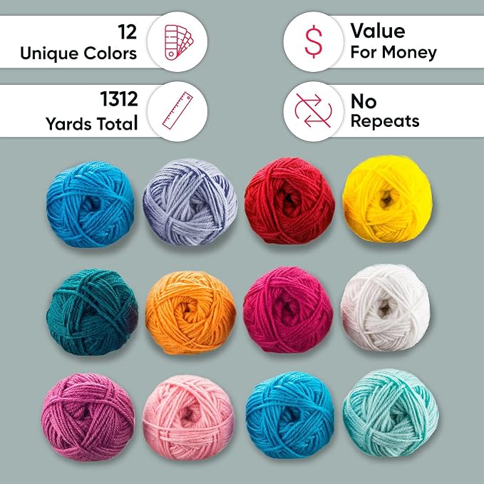 CRAFTISS 12x1.75 Oz Acrylic Yarn Skeins - 1300 Yards of Soft Yarn for Crocheting and Knitting Craft Project, Assorted Starter Crochet Bulk Kit for Adults and Kids