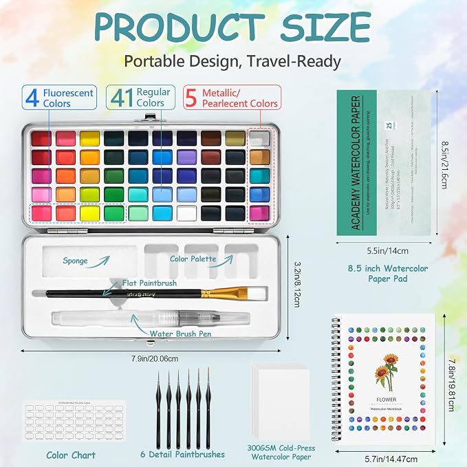 50 Colors Watercolor Workbook for Beginners with Paint&Paper&Book