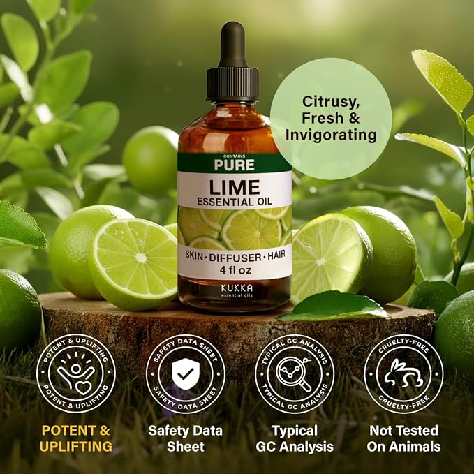 100% Pure Lime Essential Oil 4 Fl Oz - Lime Oil for Hair and Skin | Undiluted Italian Lime Oil for Diffuser, Aromatherapy, Body and Massage Blends - Natural Citrus Aroma, Non-GMO, with Dropper