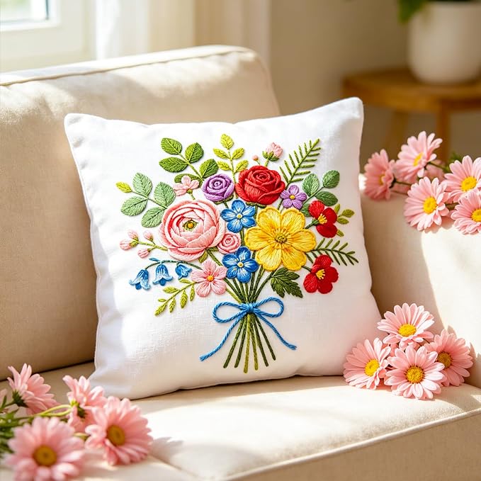 BEUNITONE 4pcs Embroidery Kit, Flower Stamped Embroidery Kits with Hoop, Thread & Needles, Colorful Bouquet Cross Stitch Kits Sewing Gifts for Adults and Beginners, DIY Craft for Relaxation