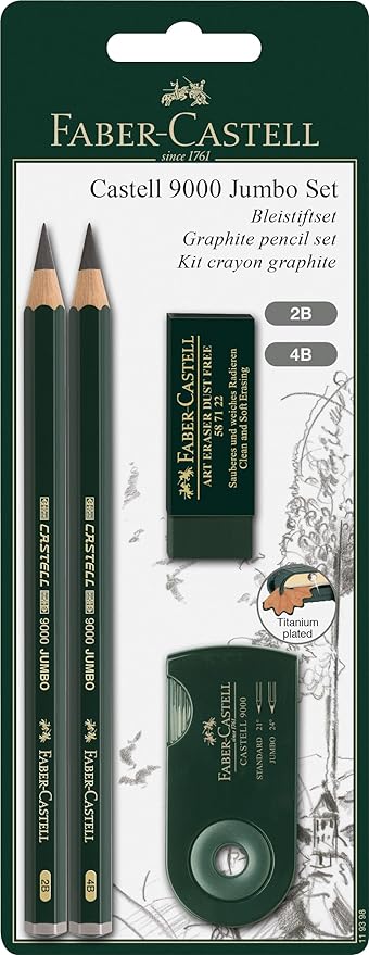 Faber-Castell 9000 Jumbo Graphite Pencil Set - 2 Graphite Sketch Pencils (2B, 4B), Double Hole Pencil Sharpener, Dust Free Art Eraser - Graphite Pencils for Drawing, Sketching and Shading