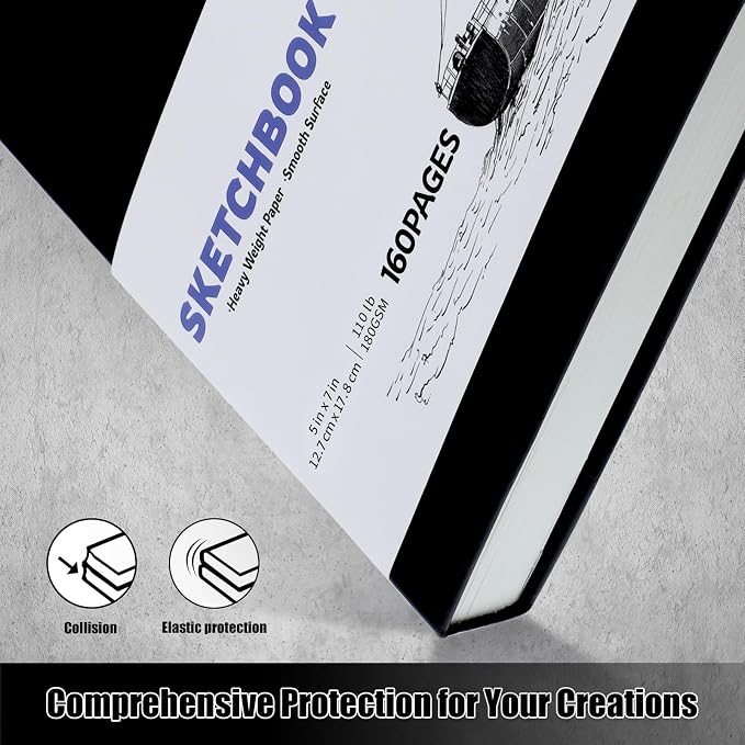 Hardcover Sketchbook 5×7 in, 180 GSM, 80 Sheets/160 Pages, Black | Acid-Free Heavy Paper, Pu Cover, Perforated Pages, Elastic Closure, Back Pocket, for Drawing & Sketching