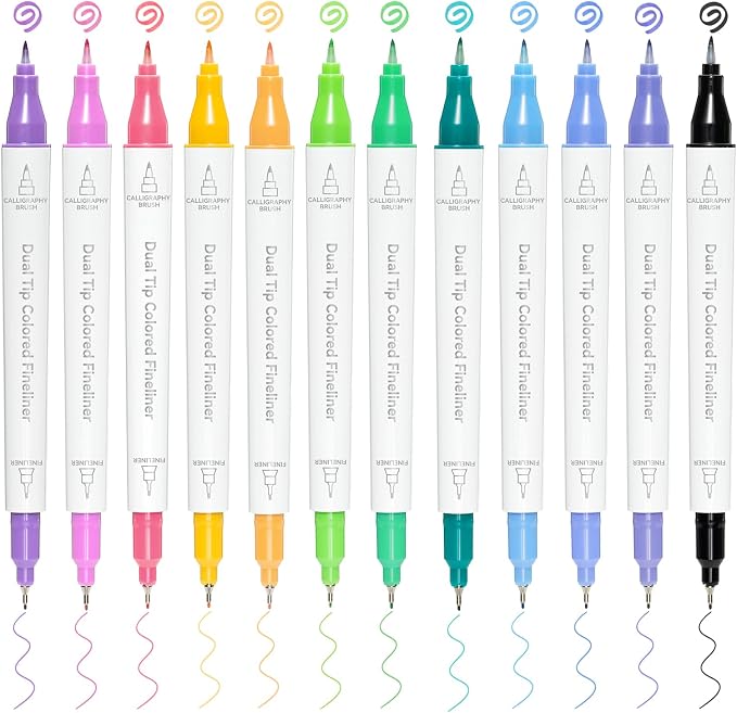 Ohuhu 12 Colors Brush & Fineliner Dual Tips Colored Drawing Pens for Adults