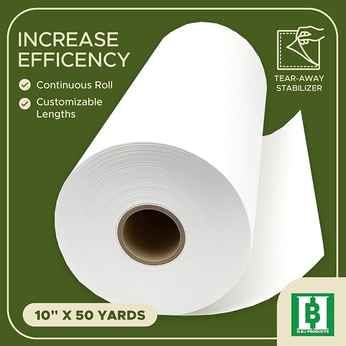 HBI Tear Away Embroidery Stabilizer Roll, 1.8 oz Medium, 10 in x 50 yd | 1.8 oz tearaway backing, machine and hand embroidery, tears clean, fits all hoops and machines, white, made in USA