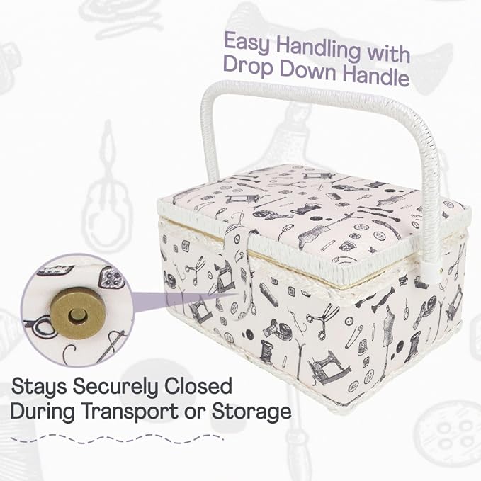 Large Sewing Basket with Complete Sewing Supplies, Black White