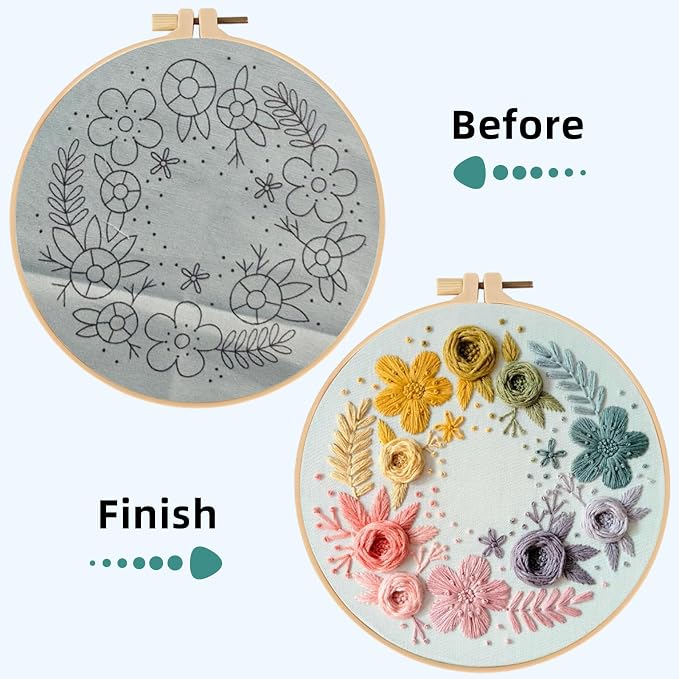 Herdiese Embroidery Kit for Beginners & Adults with Flower Pattern | Stamped Cross Stitch Kit Including Fabric, Hoop, Threads, Needles & Instructions, Complete DIY Hand Sewing Craft Set