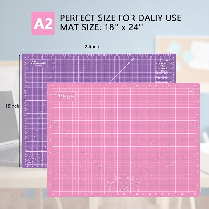 HEADLEY TOOLS 18"x24" Thickened Self Healing Cutting Mat, A2 Rotary Cutting Sewing Mat for Crafts, Double Sided 5-Ply Table Cutting Board for Fabric Quilting Patchwork Arts Hobby Project, Pink/Purple