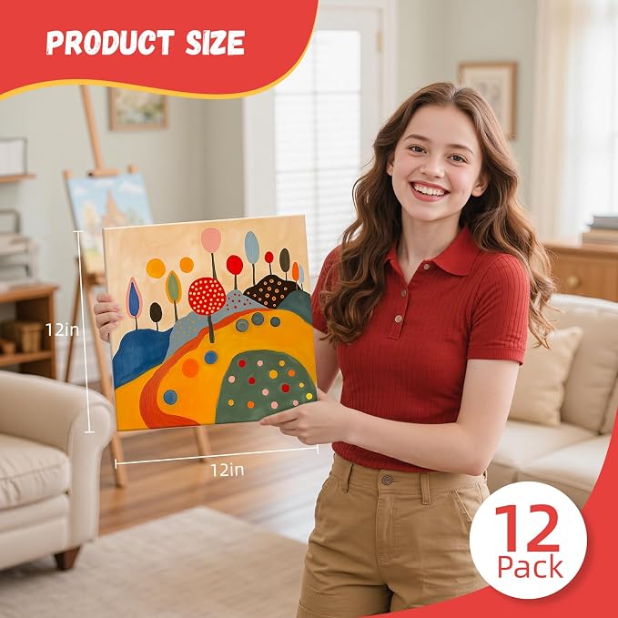 Simetufy 12 x 12 inch 12 Pack Painting Canvas Boards- Gesso Primed | Acid-Free 100% Cotton Canvas Panels for Acrylics Oil Watercolor Tempera Paints