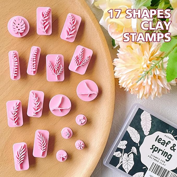 KEOKER Plant Clay Stamps - 17 Shapes Mirrored Cutter Stamps, Spring Polymer Clay Earring Tool