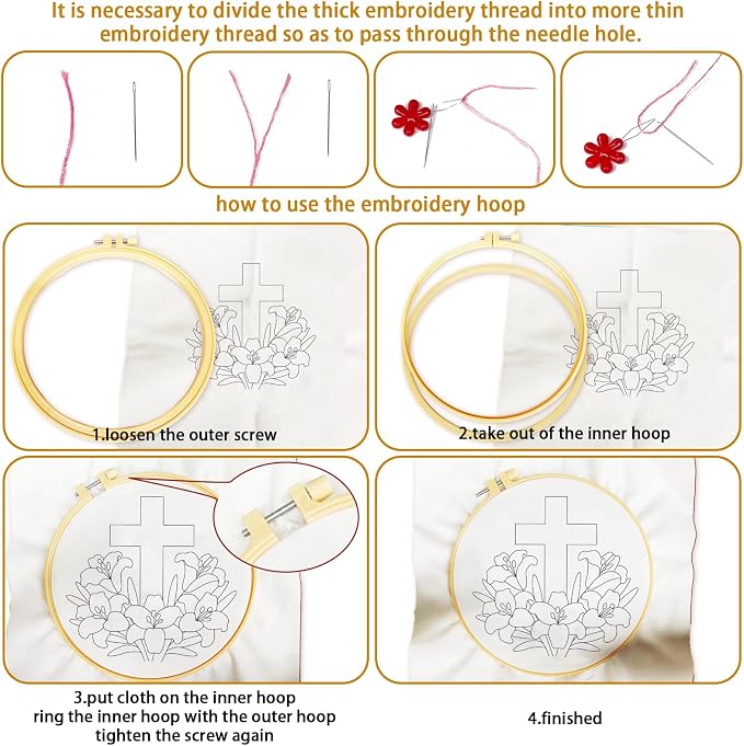 BEUNITONE 4Set Cross and Flowers Pattern Embroidery Kit for Adult Beginners | DIY Cross Stitch Kits, Complete Needlepoint Kits for Adults, Handmade Embroidery for Gifts, Fabric and Home Decor 20x20cm