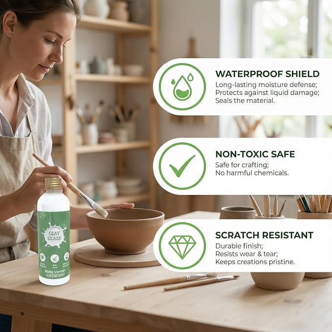 Air Dry Clay Glaze, 120ml Matte Finish, Prevent Clay Cracking, Scratch Resistant, Waterproof & Dustproof, for Crafts, Ceramics, Wood, Clay Sealant with Brush & Measuring Cup (4fl oz Matte)