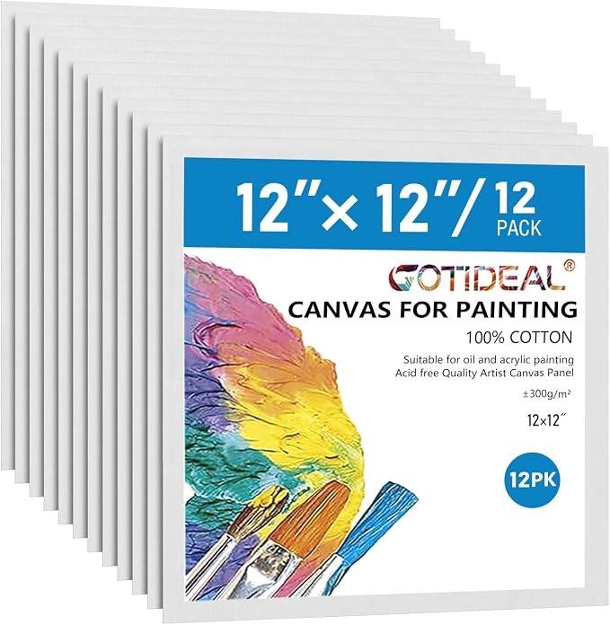 GOTIDEAL Canvases for Painting, 12x12 inch of 12 Pack, 100% Cotton | Professional Primed White Blank Flat Canvas Panels, Artist Canvas Boards for Acrylics Painting, Oil Watercolor Tempera