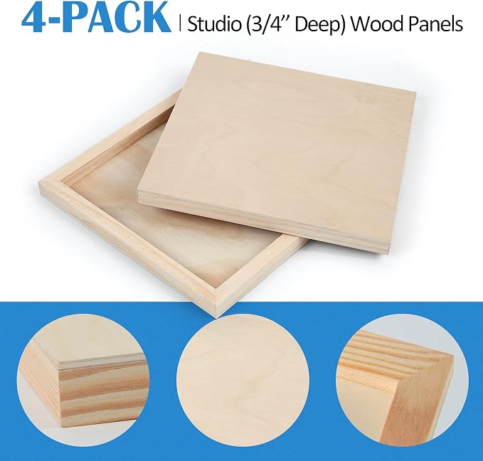 Falling in Art 4 Pack 10x10’’ Unfinished Birch Wood Panels Kit for Painting | Studio 3/4’’ Deep Wooden Canvas, Cradle Boards for Acrylic Pouring, Art, Crafts, Epoxy Resin, Laser Engraving Cutting