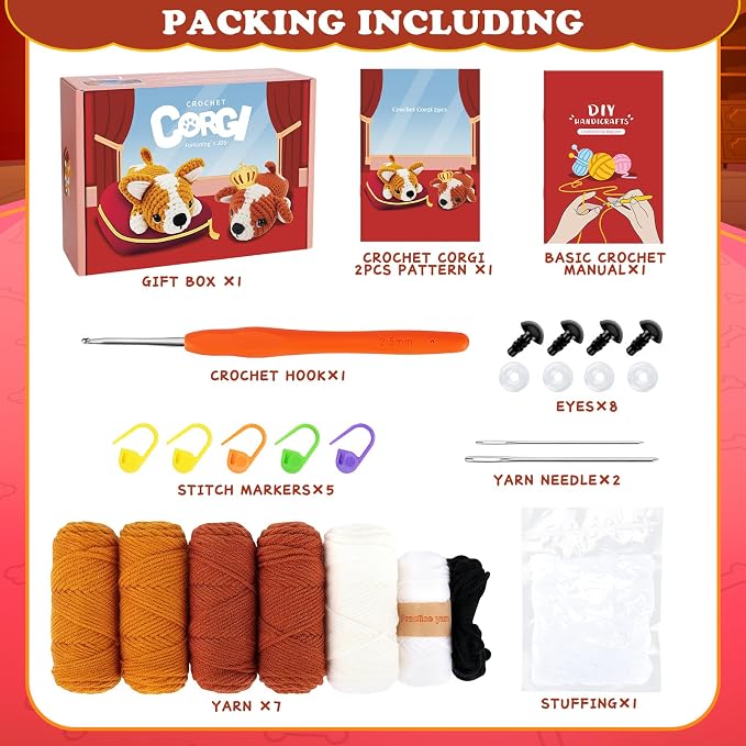 Fortuning's JDS Crochet Kit for Beginners, 2 PCS Corgi Crochet Kits