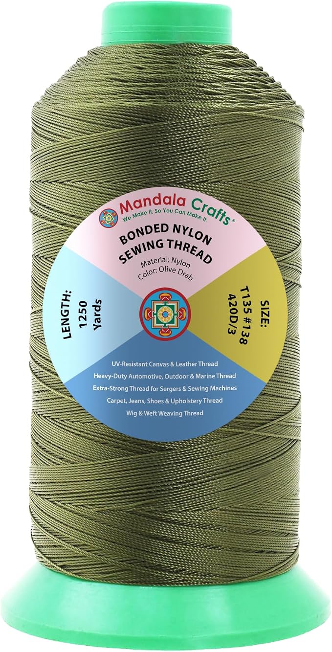 Mandala Crafts Size 138 420D T135 Olive Drab Bonded Nylon Thread, 1250 YDs