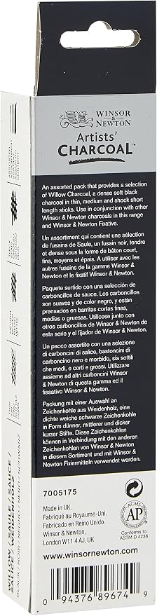 Winsor & Newton Artists' Willow Charcoal, Assorted, Box of 12 | Rich Willow Charcoal, Consistent Intensity, Carefully Baked, Create Darkest Black or Smokey Shades