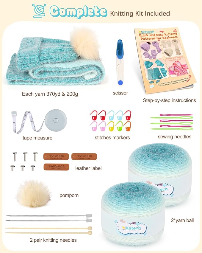 Katech Knitting Kit for Beginners Adults Kids-Beginners Knitting Kit | Complete Hat, Scarf, Gloves Starter Knitting Kit with Step-by-Step Video Tutorials-Ideal Gift