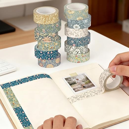 12 Rolls Floral Washi Tape Set,Earthy Tones,William Morris | Watercolor Flowers Design for Scrapbook Journal DIY Craft School Supplies, 15 mm Vintage Decorative Masking Washi Tapes
