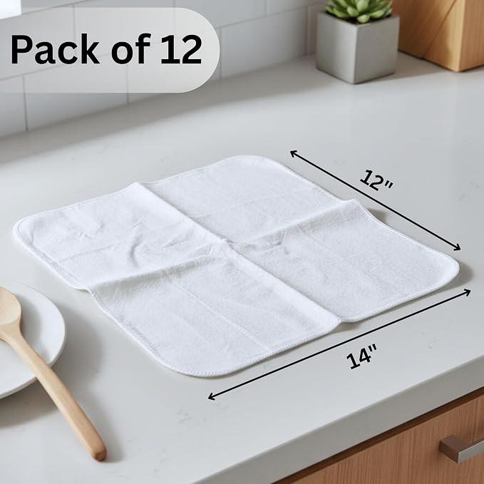 Flour Sack Shop Towels, White Cotton Cleaning Towels 14" x 12", Pack of 12 Reusable Absorbent Towels for Garage, Automotive, Workshop, Kitchen Cleaning, Polishing, Dusting & Multi-Purpose Use