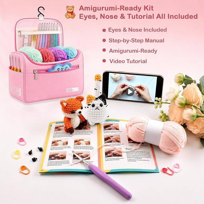 Yarniss Crochet Kit for Beginners,All in One Crochet Kit for Adult,Pink | Crochet Set with 1120 Yards Yarn & 12 Ergonomic Crochet Hooks, Learn to Crochet with Step by Step Video Tutorial