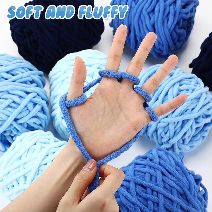 Buryeah 8 Pack Chunky Chenille Yarn for Crocheting (Blue Series)
