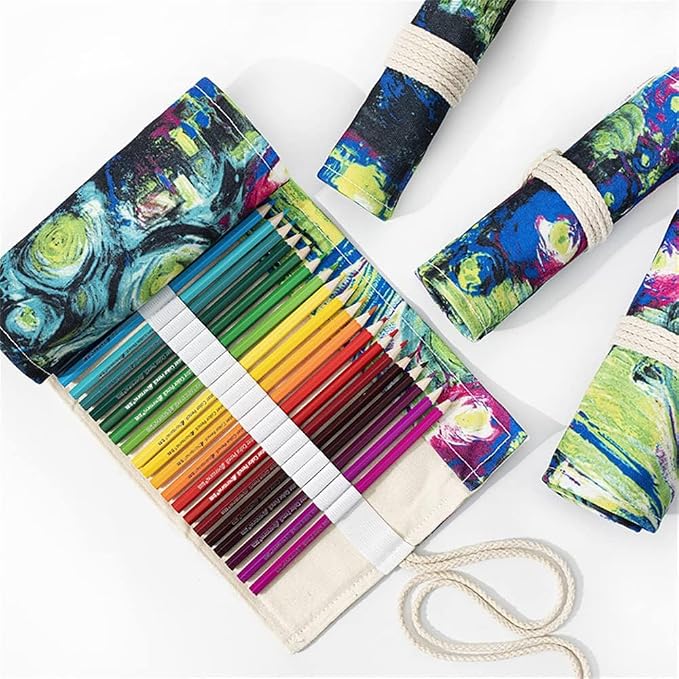 DIYOMR 12/24/36/72 Slots Pencil Wrap Pencil Rolls，Artist Colored Pencil Roll Up Bag Short Brush Pouch Case Pencils Organizer Drawing Coloring & Sketching，No Pencils (Ink Painting，12slots) (PCD1098)