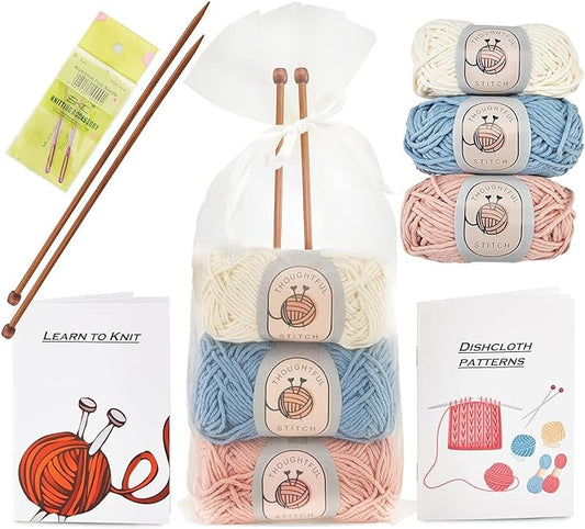 Thoughtful Stitch Knitting Kit for Beginners Adults & Kid Friendly- Complete Knitting Kit - Learn to Knit Yarn Set with Tutorial Book for Adult Hobbies - 100% Cotton Wool & Bamboo Knitting Needle