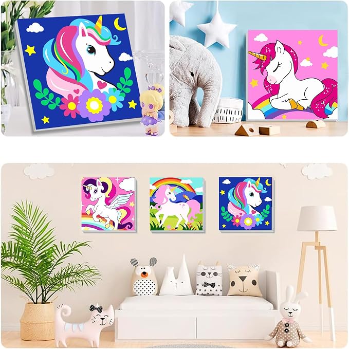 4 Pack Cartoon Paint by Number for Kids with Wooden Frame - Wooden Easel | Paint by Numbers for Kids Ages 4-8-12, Easy Painting with Numbers DIY Oil Painting Kits for Home Wall Decor (8X8 inch)