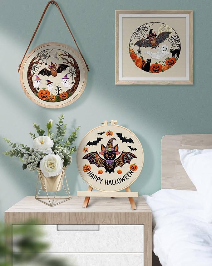 TINDTOP Halloween Embroidery Kit for Adult, 3 Pack Embroidery DIY Starter Kit, with Stamped Patterns, Hoop, Tools, Colorful Threads with Needles, Instructions