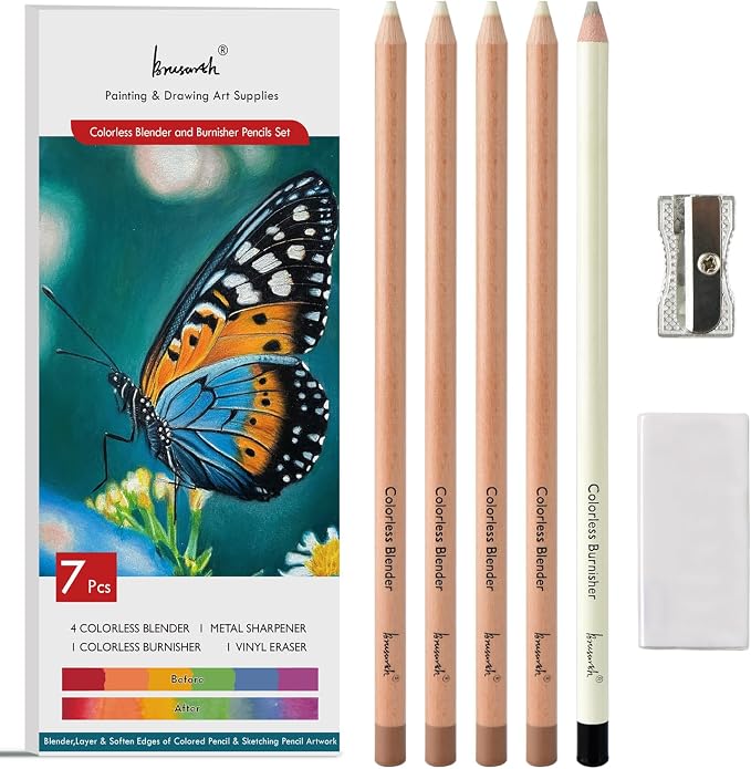 Brusarth Colorless Blender & Burnisher Pencil Set for Colored Pencils | For blending, softening edges & refining details, art supplies ideal for colored pencil artists and beginners